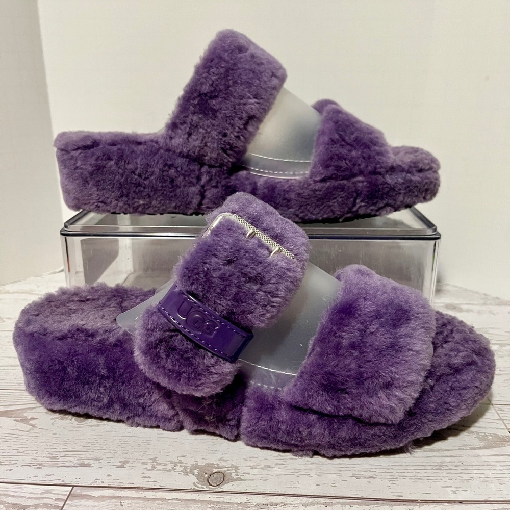 UGG Fuzz Yeah Purple Platform Slides Women 7 Fuzzy Buckle Sandal 1104662